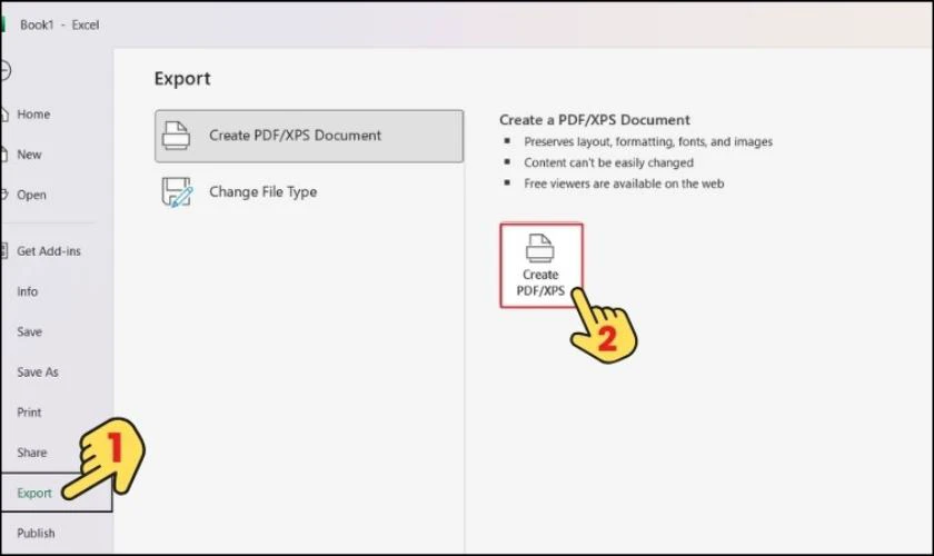 Chọn Export rồi tiếp tục chọn vào Create PDF/XPS