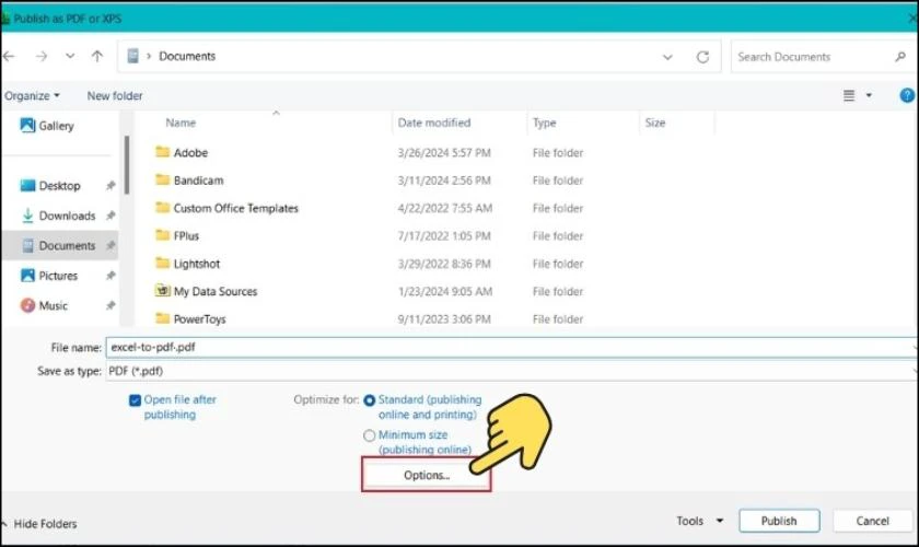 Đặt tên file, chọn thư mục lưu, nhấn Options