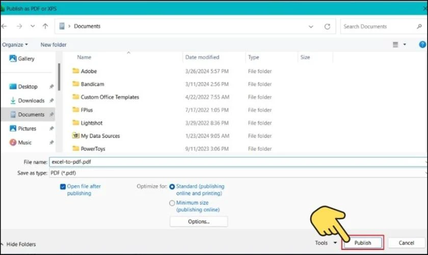 Click vào Publish để xuất file PDF từ file Excel