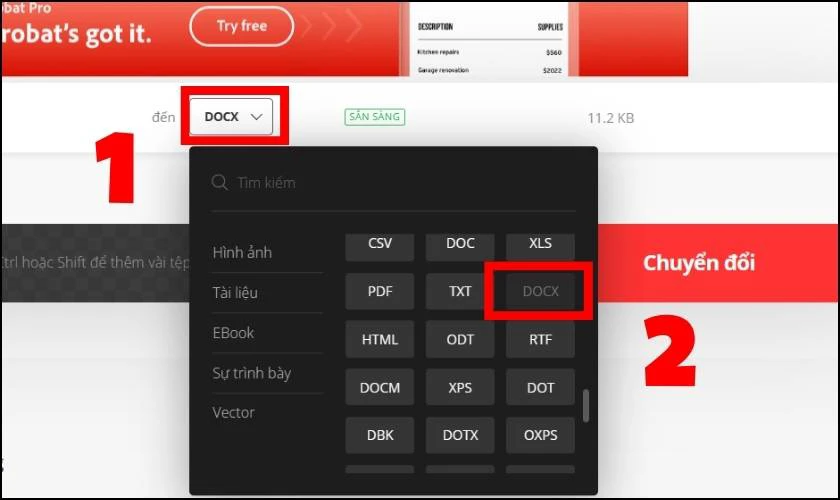Chọn loại t&agrave;i liệu bạn muốn chuyển từ file Excel sang 