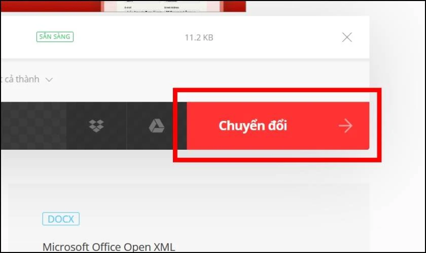 Chọn v&agrave;o n&uacute;t chuyển đổi để thực hiện chuyển file Excel sang Word 