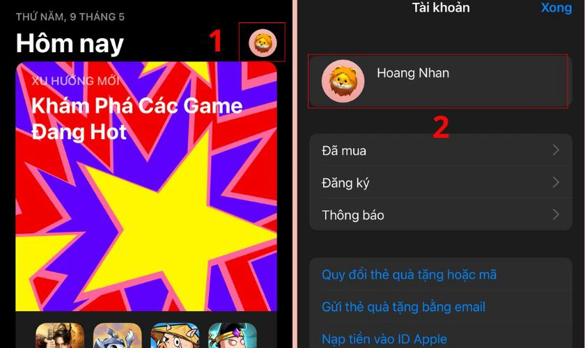 Chọn v&agrave;o biểu tượng t&agrave;i khoản v&agrave; chọn v&agrave;o t&ecirc;n ID Apple