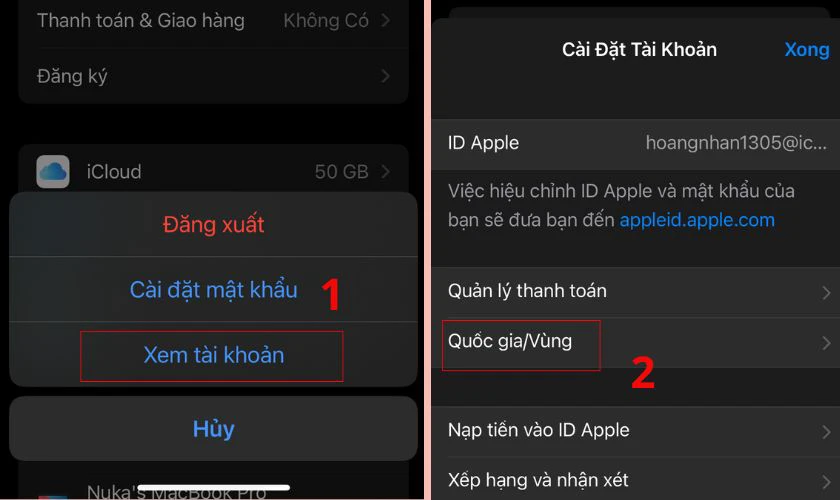 Chọn v&agrave;o Xem t&agrave;i khoản v&agrave; chọn v&agrave;o Quốc gia/V&ugrave;ng
