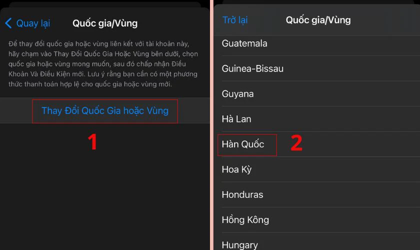 Chọn Thay Đổi Quốc Gia hoặc V&ugrave;ng ID sang H&agrave;n Quốc