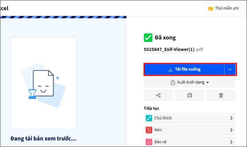 Chọn v&agrave;o Tải file xuống để lưu file Excel về m&aacute;y