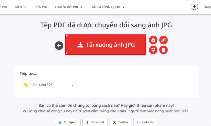 Sau đ&oacute; bạn h&atilde;y nhấn Tải xuống ảnh JPG để lưu file đ&atilde; được chuyển về m&aacute;y
