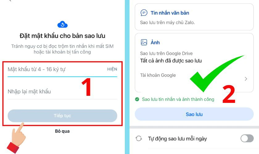 Nhập mật khẩu và sao lưu