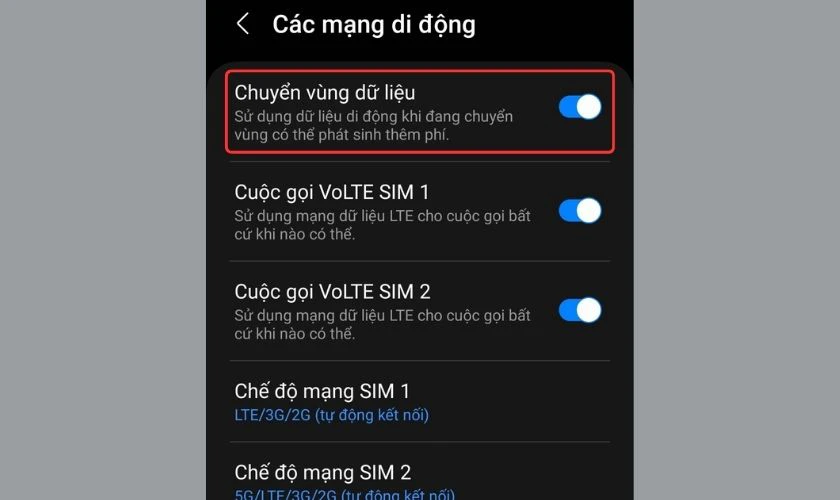 Bạn k&eacute;o c&ocirc;ng tắc sang phải ở mục Chuyển v&ugrave;ng dữ liệu