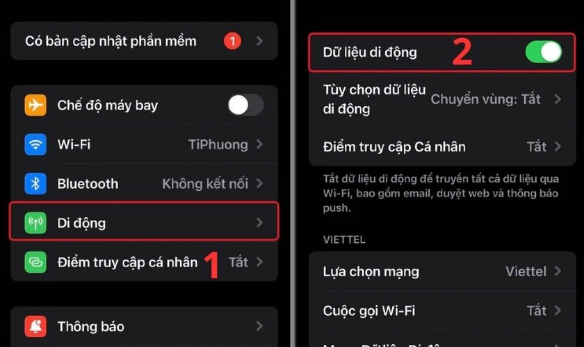 Mở ứng dụng C&agrave;i đặt sau đ&oacute; chọn Di Động v&agrave; bật Dữ liệu di động