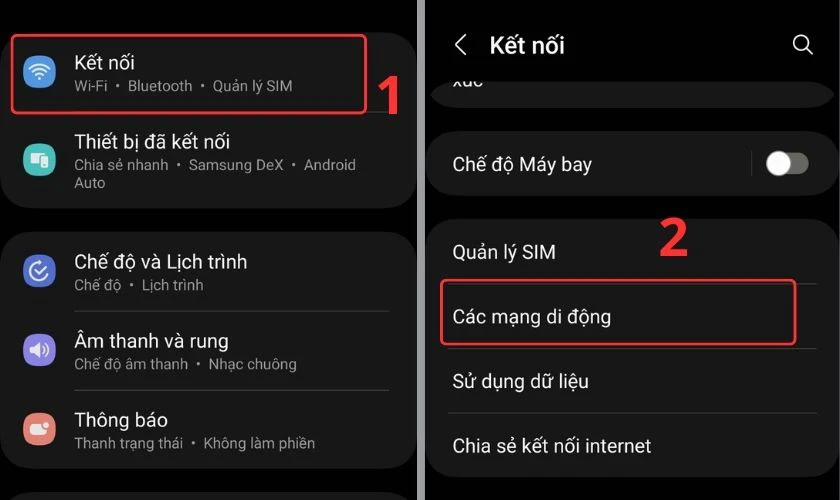 V&agrave;o ứng dụng C&agrave;i đặt sau đ&oacute; chọn v&agrave; Kết nối v&agrave; chọn C&aacute;c mạng di động