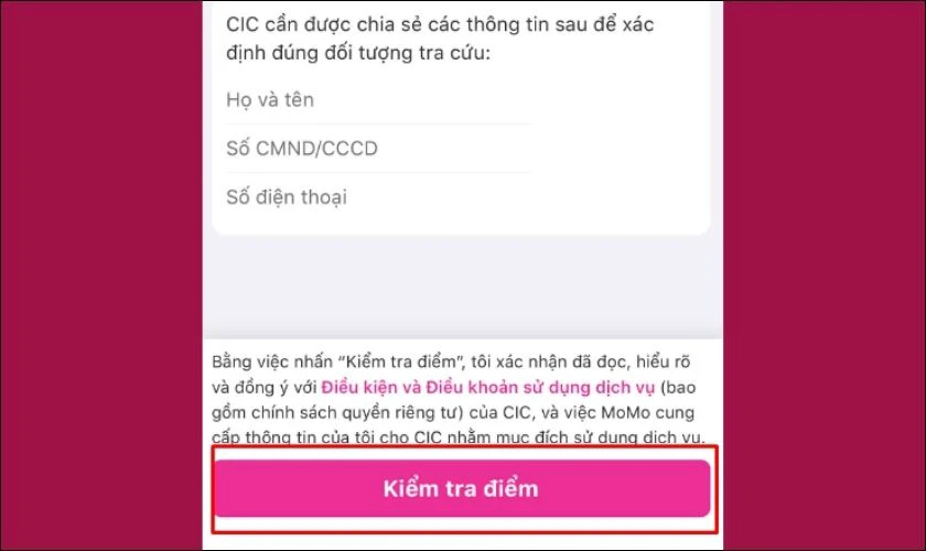 Nhấn “Kiểm tra Điểm CIC” để bắt đầu tra cứu