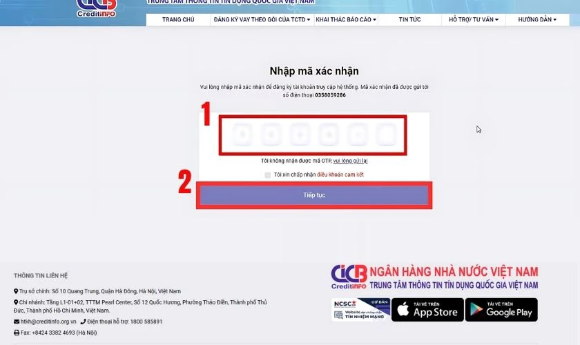 Nhập m&atilde; OTP gửi về điện thoại v&agrave; nhấn Tiếp tục