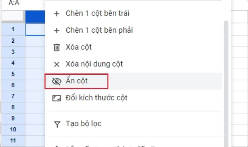 Click chuột phải v&agrave; chọn Ẩn cột