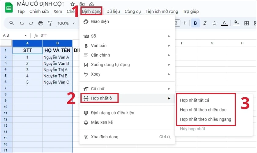 Chọn mục Định dạng, chọn Hợp nhất &ocirc; v&agrave; chọn h&igrave;nh thức ph&ugrave; hợp