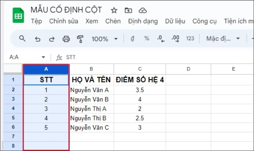 Nhập nội dung v&agrave; chọn v&agrave;o cột cần cố định