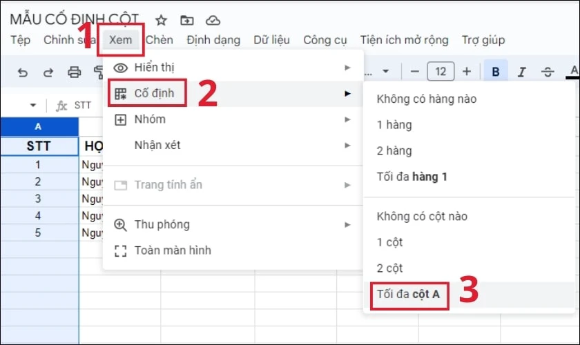 Chọn v&agrave;o mục Cố định v&agrave; chọn Tối đa cột A