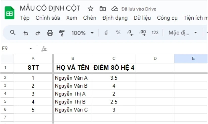 Nếu chọn cố định 1 h&agrave;ng, Google Sheet sẽ cố định h&agrave;ng đầu ti&ecirc;n