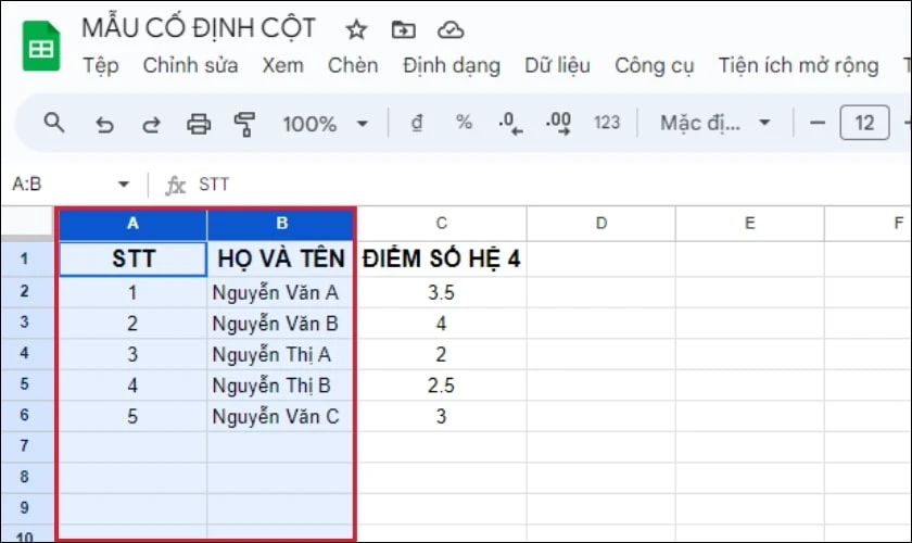 C&aacute;ch cố định nhiều cột tr&ecirc;n trang t&iacute;nh