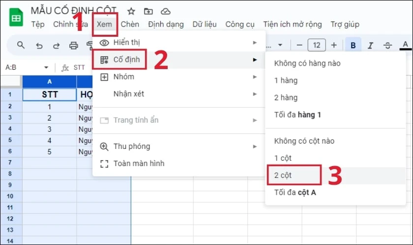 C&aacute;ch cố định nhiều cột trong Google Sheet