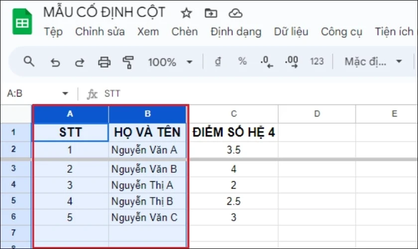 C&aacute;ch hủy cố định cột trong Google Sheet