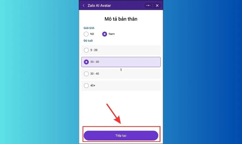 Chọn th&ocirc;ng tin Giới t&iacute;nh v&agrave; Độ tuổi ở mục M&ocirc; tả bản th&acirc;n