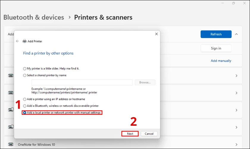 Chọn Add a local printer or network printer with manual settings