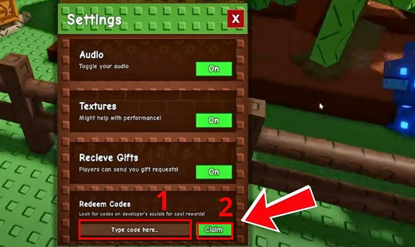 C&aacute;ch nhập Code Grow a Garden: T&igrave;m đến mục &ldquo;Gift Code&rdquo; hoặc &ldquo;Redeem&rdquo;, nhập code v&agrave; x&aacute;c nhận