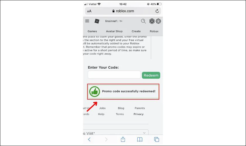 Nếu Code bạn nhập đ&uacute;ng th&igrave; sẽ c&oacute; th&ocirc;ng b&aacute;o