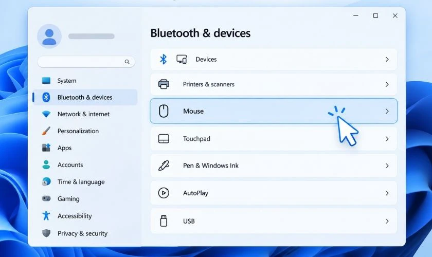 Chọn Mouse để mở phần thiết lập chuột