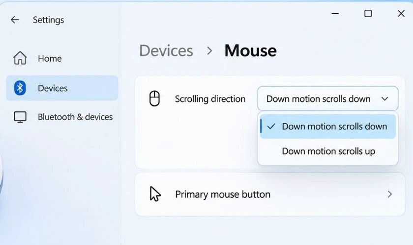 Chọn một trong hai tùy chọn Down motion scrolls down hoặc Down motion scrolls up
