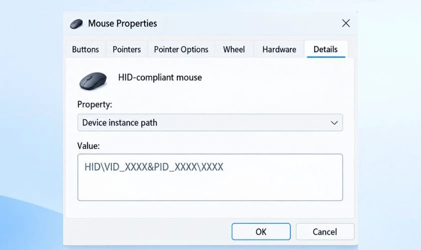Chuyển sang tab Details, chọn thuộc tính Device instance path