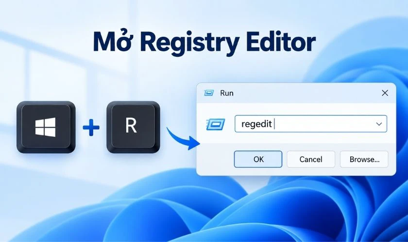 Mở Registry Editor bằng cách nhấn Windows + R, nhập regedit rồi nhấn Enter