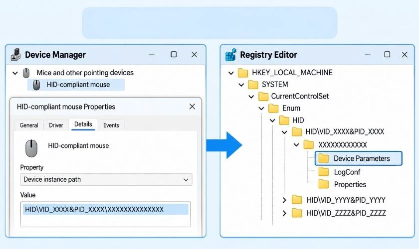 Trong Registry Editor, tìm đến HKEY_LOCAL_MACHINE\SYSTEM\CurrentControlSet\Enum\HID
