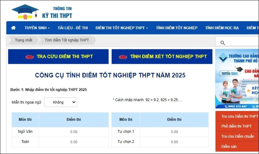 ThiTotNghiepTHPT.vn cung cấp công cụ tính điểm tốt nghiệp THPT 2026