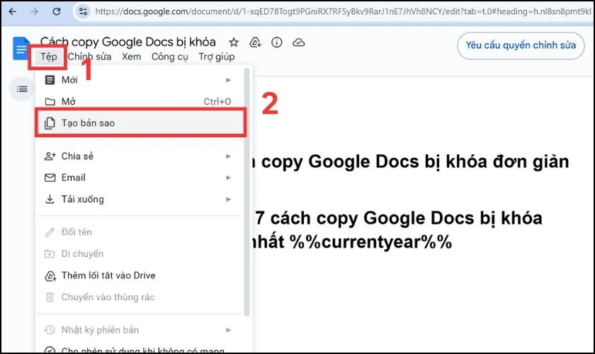 Copy Google Docs bị kh&oacute;a bằng c&aacute;ch tạo bản sao