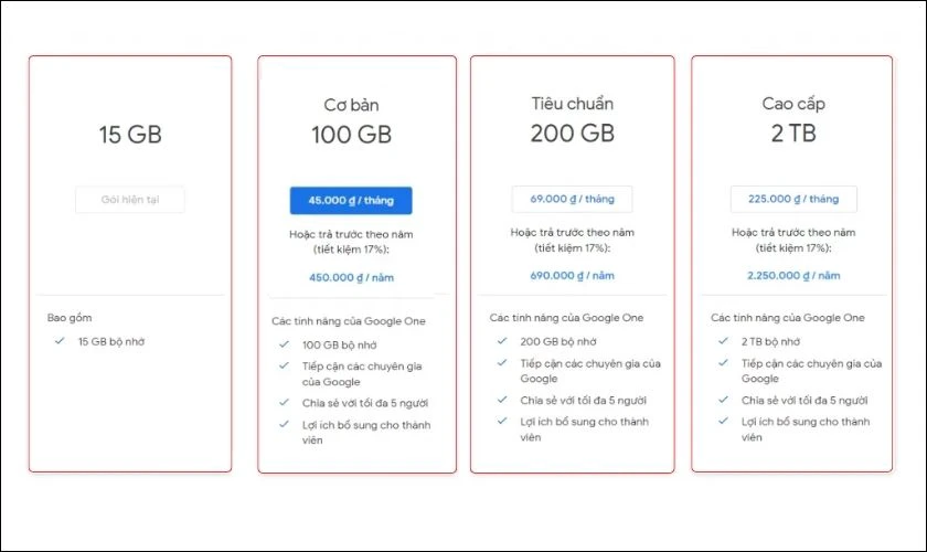 C&aacute;c g&oacute;i Google One gi&aacute; bao nhi&ecirc;u?