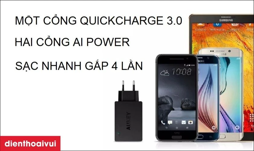 Củ sạc 3 cổng Aukey PA-T14 c&oacute; c&ocirc;ng suất l&ecirc;n đến 5V/2