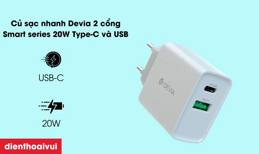Củ sạc trang bị 2 cổng giúp bạn sạc nhanh cho 2 thiết bị cùng lúc