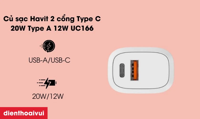 Sạc Havit 2 cổng Type C 20W Type A 12W sạc nhanh an toàn, không hại pin