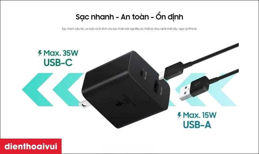 Sạc Samsung 2 cổng 35W TA220N c&oacute; c&ocirc;ng suất lớn, sạc nhanh an to&agrave;n v&agrave; ổn định