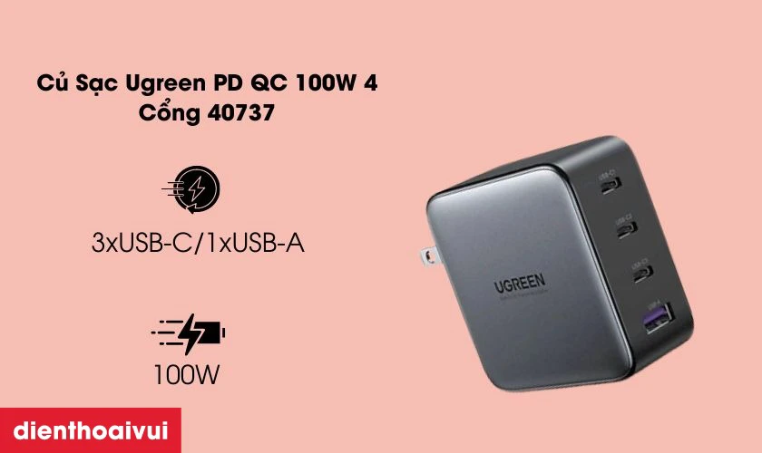 Sạc Ugreen PD QC 100W 4 Cổng 40737 4 cổng c&ocirc;ng suất khủng l&ecirc;n đến 100W