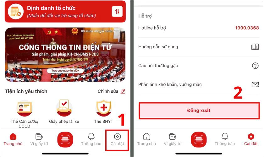 Truy cập C&agrave;i đặt, chọn Đăng xuất