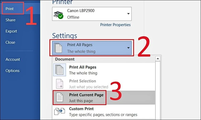 Sau đó, bạn chọn Print Current Page để in trang hiện tại