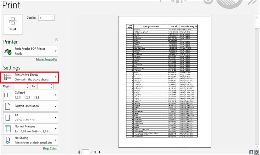 Trong mục Settings, bạn chọn Print Active Sheets