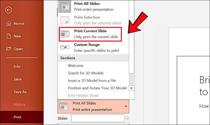 Trong mục Settings, chọn Print Current Slide để in slide hiện tại