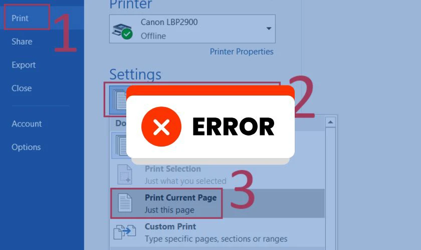 Mỗi số lỗi thường gặp khi lựa chọn in current page là gì?