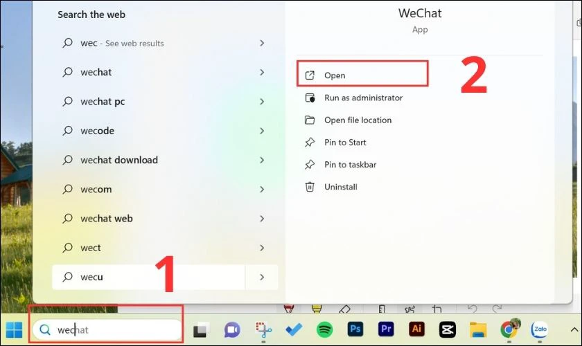 T&igrave;m kiếm từ Wechat tr&ecirc;n thanh c&ocirc;ng cụ của m&aacute;y t&iacute;nh
