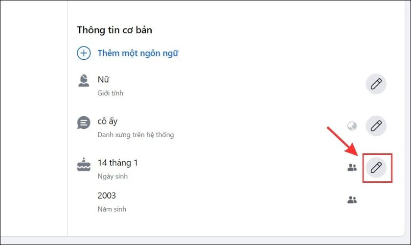T&igrave;m đến mục chứa th&ocirc;ng tin ng&agrave;y sinh v&agrave; chọn biểu tượng C&acirc;y b&uacute;t 