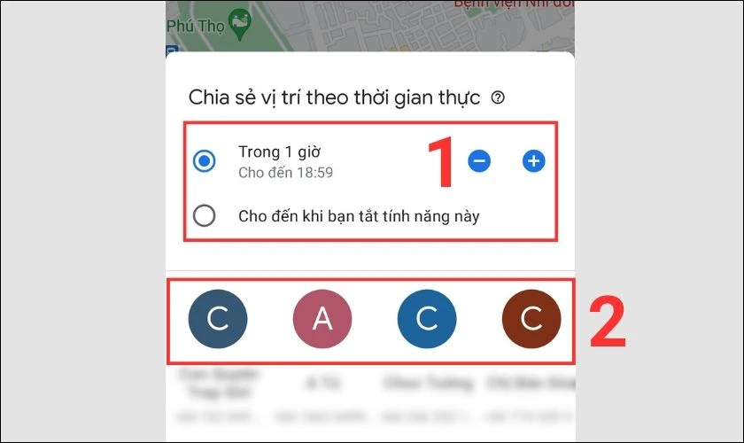 Chọn thời gian v&agrave; số điện thoại cần chia sẻ vị tr&iacute; 