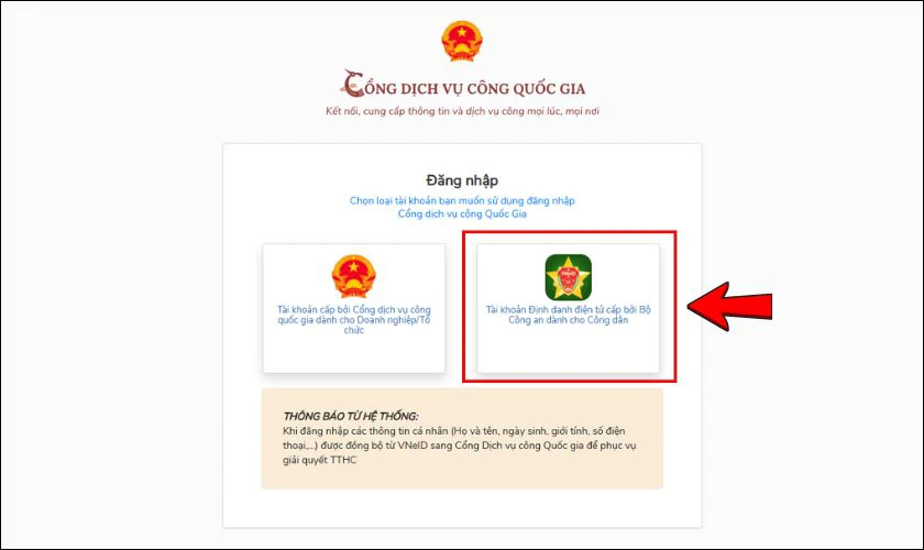 Lựa chọn phương thức đăng nhập bằng t&agrave;i khoản định danh điện tử VNeID
